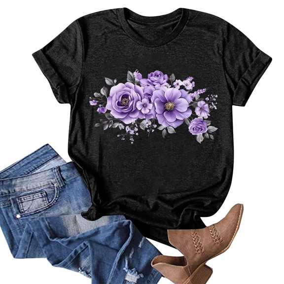 NAMTYQX Ladies Tops and Blouses Graphic Cool Plus Size O-Neck Trendy Short Sleeve Gemustertes Boxy Fit Light Summer Blouses for Women 2025 Black Size M