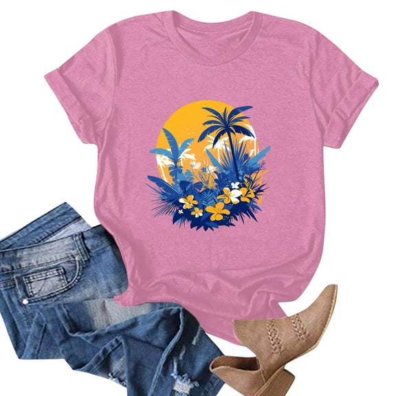 NAMTYQX Ladies Tops and Blouses Short Sleeve Bedruckte Soft Graphic Loose Fitting Round Neck Casual Plus Size Stretchy Shirts for Teens Girls Pink Size XL