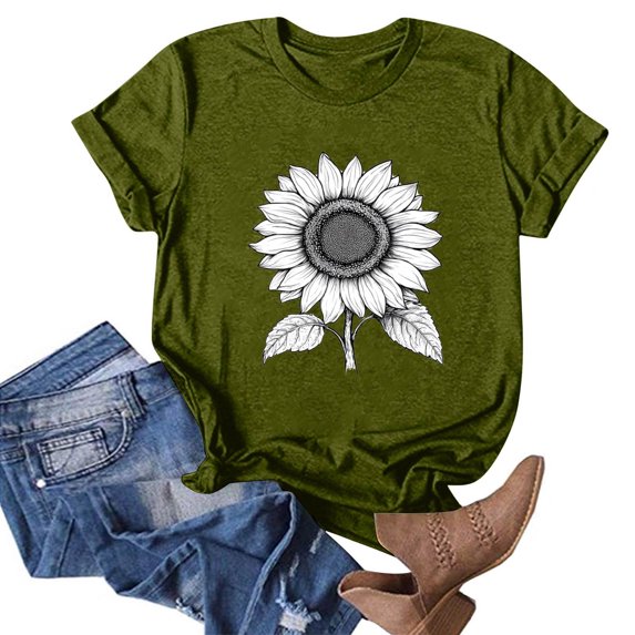 NAMTYQX Ladies Tops and Blouses Short Sleeve Cool Basic Bedrucken O-Neck Boxy Fit Graphic Lightweight Oversized Tshirts Shirts for Women Graphic Army Green Size 2XL