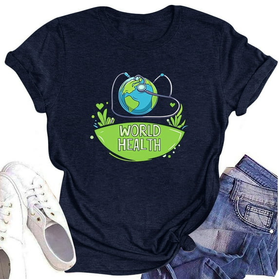 NAMTYQX Ladies Tops and Blouses Crewneck Gemusterte Comfy Short Sleeve Soft Casual Stretchy Plus Size Pattern Graphic Tees Navy Size S