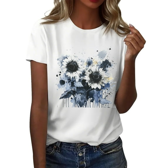 NAMTYQX Women's Blouses Muster Crewneck Cool Short Sleeve Light Baggy Cute Oversized Pattern Summer Shirts for Women Navy Size M