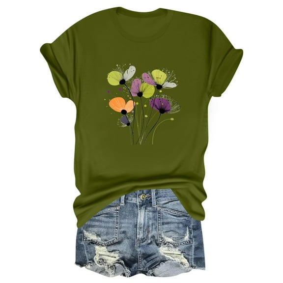NAMTYQX Ladies Tops and Blouses Print Crew Neck Baggys Plus Size Stretchy Short Sleeve Soft mit Muster Hip Summer Tops Army Green Size XL