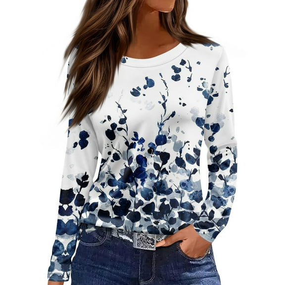 NAMTYQX Long Sleeve Shirts for Women Printed Lounges Round Neck Plus Size Boxy Fit Spring Blouses for Women 2025 Size M Blue