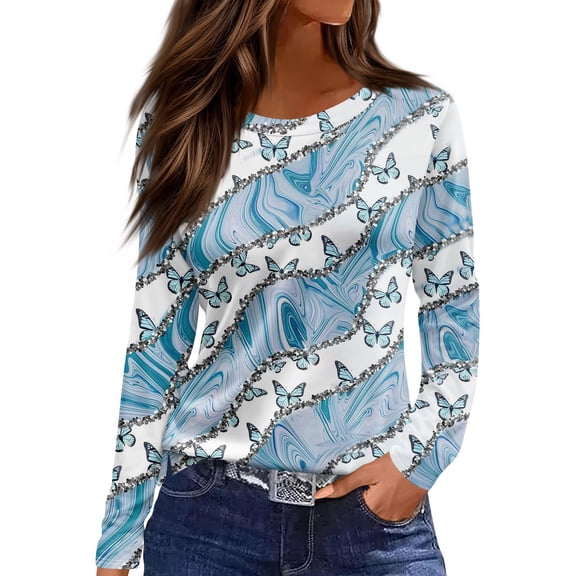 NAMTYQX Long Sleeve Shirts for Women Printed Lounges Round Neck Plus Size Boxy Fit Spring Blouses for Women 2025 Size XL Blue