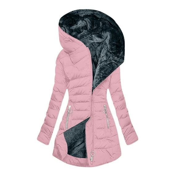 NAMTYQX Long Winter Coats for Women with Hood Plus Size Zip-Up Warm Fuzzy with 2 Zippered Pockets Pink Size XL