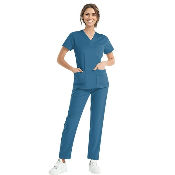 NAMTYQX Medical Scrubs for Women Short Sleeve Scrub Top & Jogger Pant V-Neck Casual Floral 4-Way Stretch Blue Size L