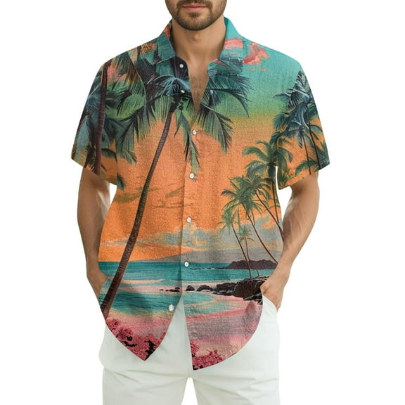 NAMTYQX Men's Short Sleeve Button Down Shirt Tropical Print Lapel Loose Fit Short Sleeve Casual Lightweight Plus Size Super Soft Button Down Mens Hawaiian Shirts Short Sleeve Saffron Size M