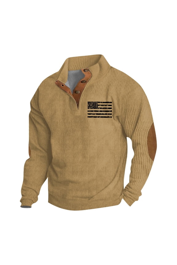 Mens Corduroy Graphic T-Shirts with Elbow Patch Plus Size Patterns Slacking Stand Collar Button-Down Khaki Size 2XL