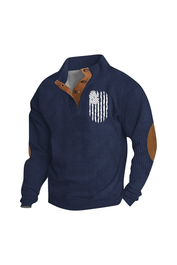 Mens Corduroy Long Sleeve Tee Shirts Casual Pattern Stand Collar Button Down with Elbow Patch Plus Size Navy Size 2XL