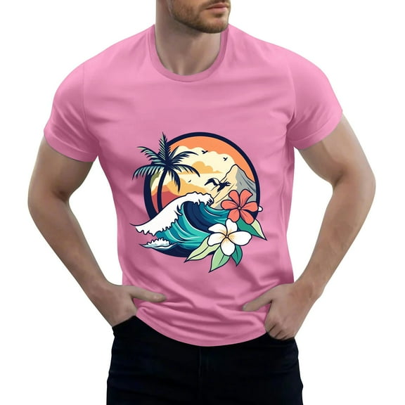 NAMTYQX Mens Graphic T-Shirts Boho Elasticated Patterns Lightweight Casual Elastic Baggy Short Sleeve Crew Neck Plus Size Mens Shirts Pink Size M