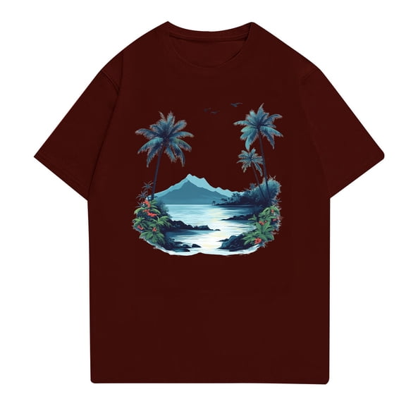 NAMTYQX Mens Graphic T-Shirts Crewneck Hawaiian Short Sleeve Soft Baggy Casual Light Plus Size Flex Patterned Mens T-Shirts Wine Size 2XL