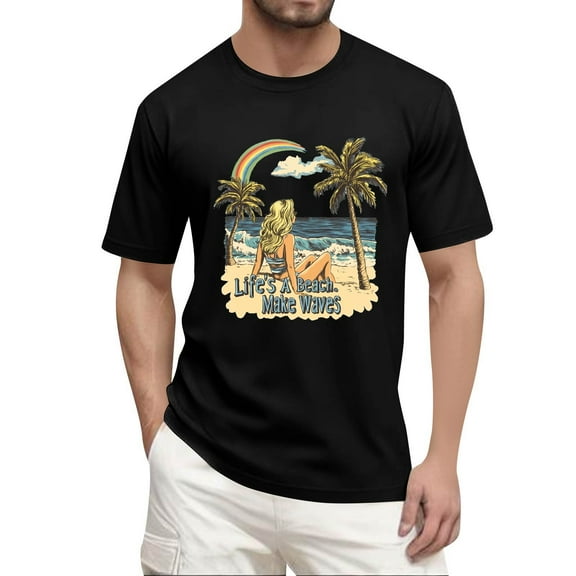 NAMTYQX Mens Shirts Casual Stylish Short Sleeve Stretchy Casual Soft Graphic O Neck Plus Size Hawaiian Comfy Light Casual Shirts for Men Black Size L