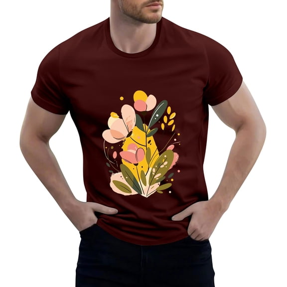 NAMTYQX Mens Shirts Pattern Light Elastic Loose Fit Casual Plus Size Crew Neck Boho Breathable Short Sleeve Mens Graphic T-Shirts Wine Size 2XL