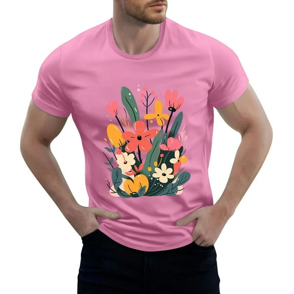 NAMTYQX Mens Summer Shirts Cool Boho Light Casual Loose Fit Pattern Cozy Plus Size Short Sleeve Crew Neck Graphic Tees Men Pink Size L