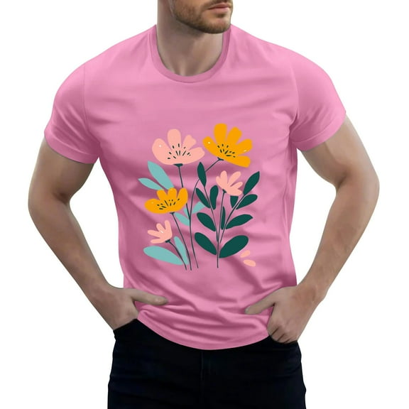 NAMTYQX Mens T Shirts Cozy Patterned Relaxed Fit Boho Casual Elastic Short Sleeved Lightweight Crewneck Plus Size True Classic T Shirts for Men Pink Size S