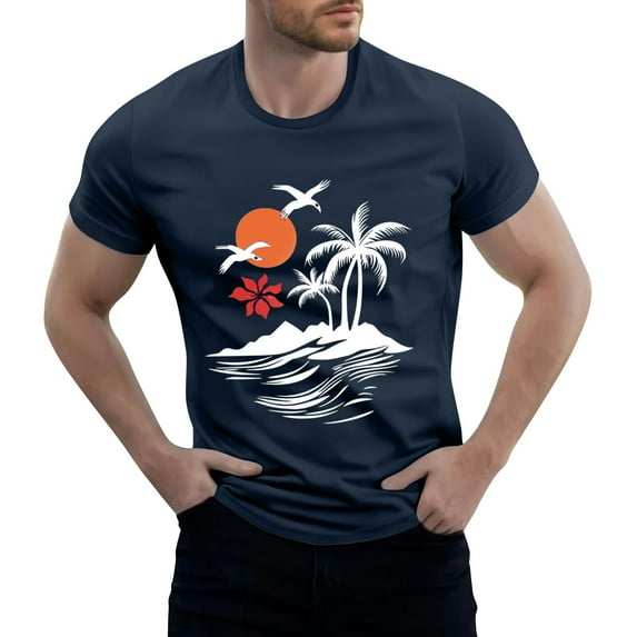 NAMTYQX Mens T Shirts Stretchy Plus Size Short Sleeved Graphic Lightweight Crew Neck Hawaiian Airoft Relaxed Fit Casual Polyester Shirts for Men Navy Size S