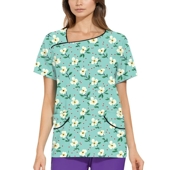 NAMTYQX Nurse Shirts for Women Asymmetric V Neck Lightweight Short Sleeve Stretch Casual Blue Size 5XL