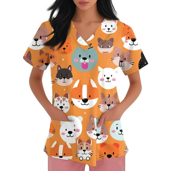 NAMTYQX Nurse Shirts for Women Light Short Sleeve V Neck Loose Fitting Stretchy Saffron Size M