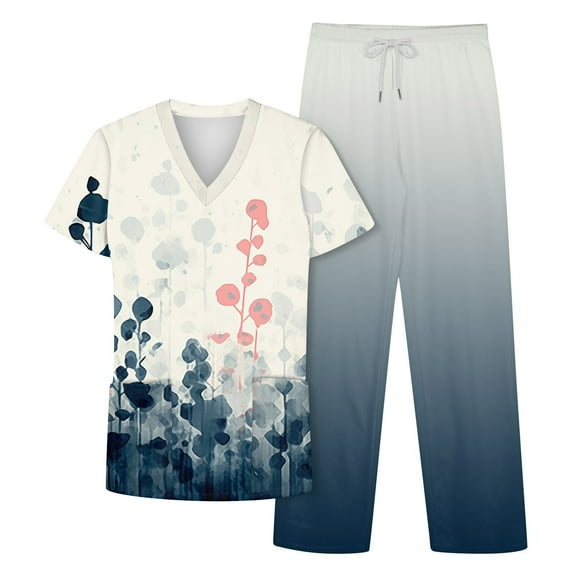 NAMTYQX Nursing Uniforms Scrubs Sets for Women Top & Straight Leg Pants 4-Way Stretch V Neck Short Sleeve Dark Blue Size XL