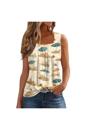 Off the Shoulder Top Wide Shoulder Straps Patterned Sleeveless Square Neck Stretch Casual Slim Trending Beige Size L
