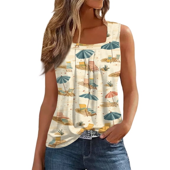 NAMTYQX Off the Shoulder Top Wide Shoulder Straps Patterned Sleeveless Square Neck Stretch Casual Slim Trending Beige Size L