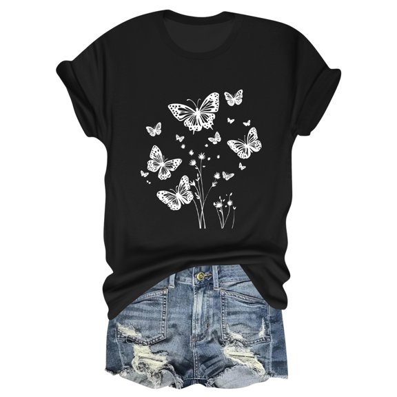 NAMTYQX Oversized Graphic Tees for Women Oversized Casual Patterned Stretch Boxy Fit Muster Breathable Short Sleeve Crewneck Tops for Women Trendy Black Size M