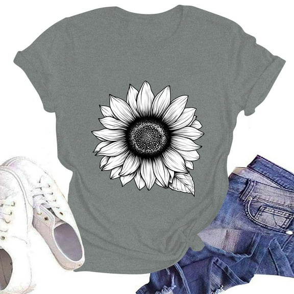 NAMTYQX Oversized Graphic Tees for Women Print Cute Short Sleeve Plus Size Round Neck Stretchy Mit Muster Soft Boxy Fit Womens Casual Tops Gray Size L