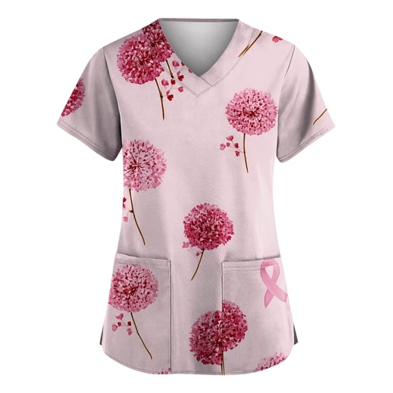 NAMTYQX Pink Breast Cancer Shirt Trendy Loose Breast Cancer Scrub Top Pink Size L