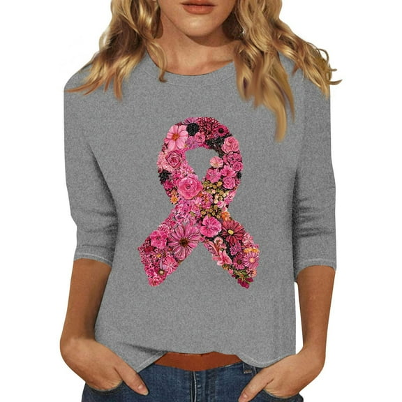 NAMTYQX Pink Cancer Shirts for Women Baggy Pink Ribbon Print 3/4 Sleeve Light Gray Size 2XL