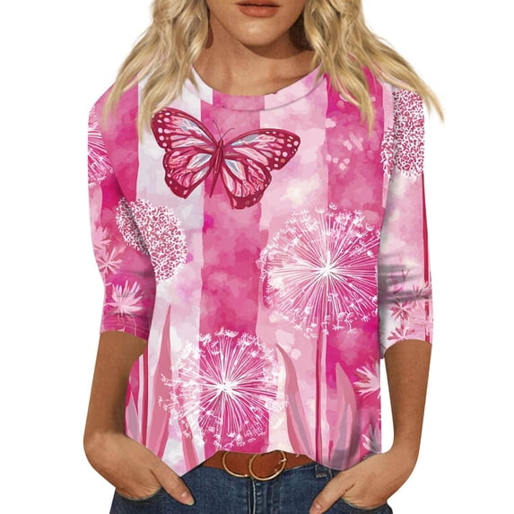 NAMTYQX Pink Cancer Shirts for Women Stretchy Trending Scoop Neck Loose Fit Pink Size 3XL