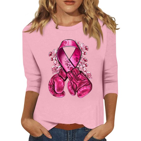 NAMTYQX Pink T Shirts for Women Casual 3/4 Sleeve Crew Neck Loose Fit Pink Size 2XL