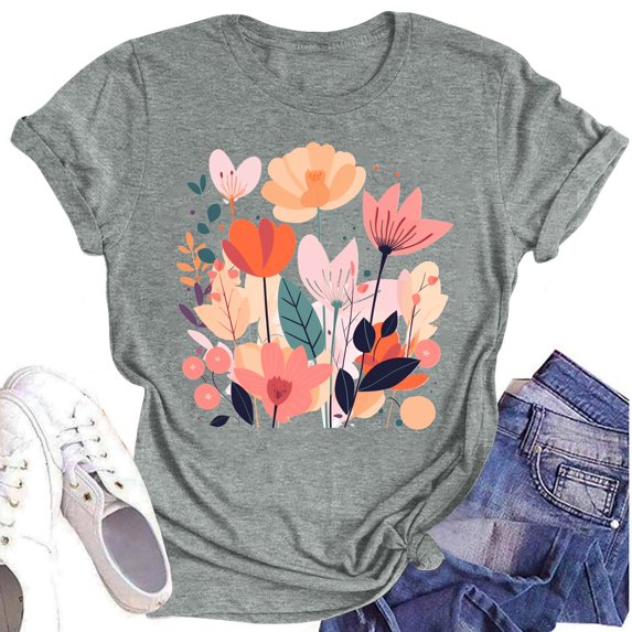 NAMTYQX Plus Size Blouses for Women Breathable Patterns Lightweight Short Sleeve Fashion Scoop Neck Print Loose Plus Size Womens Spring Tops Gray Size M