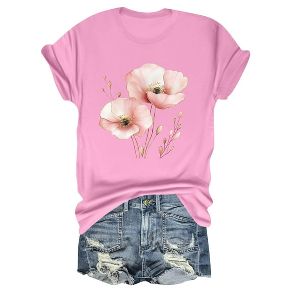 NAMTYQX Plus Size Blouses for Women Printed Short Sleeve Gemusterte Oversized Baggys Stretchy Crewneck Basic Breathable Womens Tops Casual Pink Size L