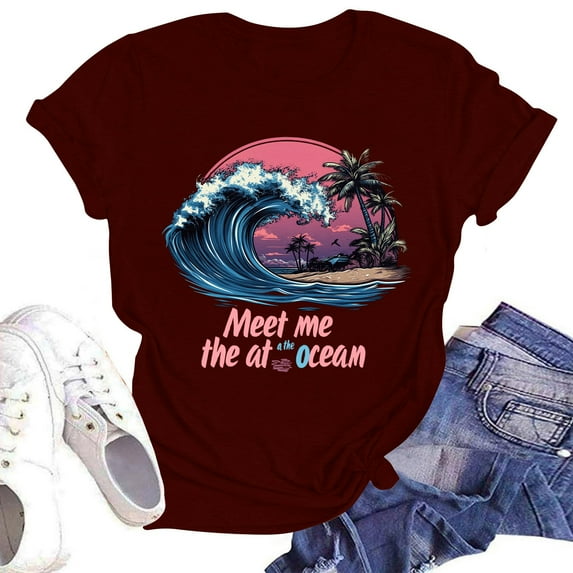 NAMTYQX Plus Size Blouses for Women Short Sleeve Stretch Casual Patterned Plus Size Loose Fitting Cool Muster Round Neck Women's T-Shirts Wine Size 2XL