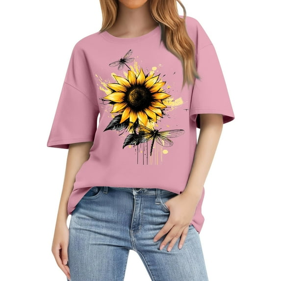 NAMTYQX Plus Size Blouses for Women Basic Graphic Short Sleeve Gemustert Loose Oversize Cool Scoop Neck Light Tops for Women 2025 Pink Size M