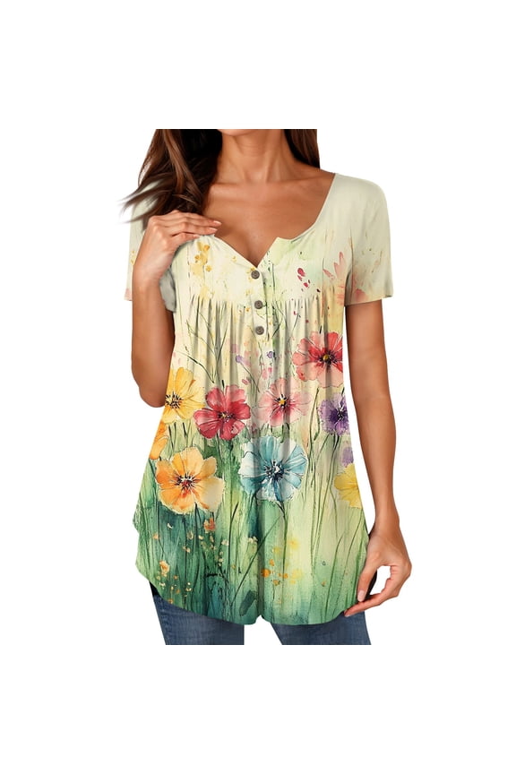 Plus Size Blouses for Women Button V Neck Casual Peplum Loose Fit Short Sleeve Patterns Plus Size Trendy Yellow Size XL