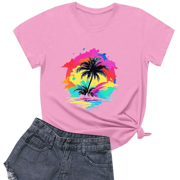 NAMTYQX Plus Size Blouses for Women Short Sleeve Basic Airoft Print Light Plus Size Loose Fit Tropischer Druck Crewneck Shirts for Women Pink Size L