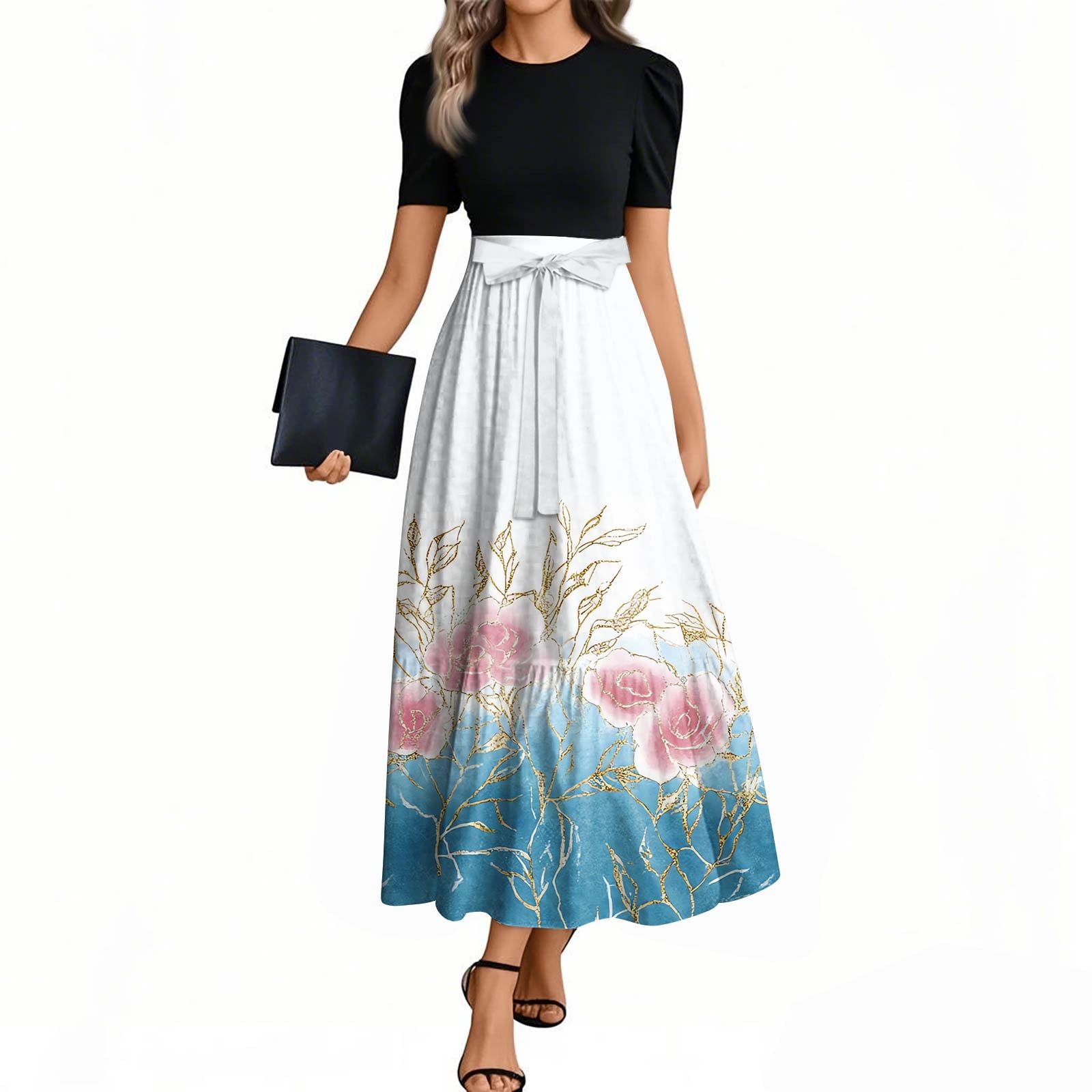 NAMTYQX Plus Size Dresses for Curvy Women Short Sleeve Hawaiian V Neck Wedding Guest Dresses for Women Sky Blue Size 2XL