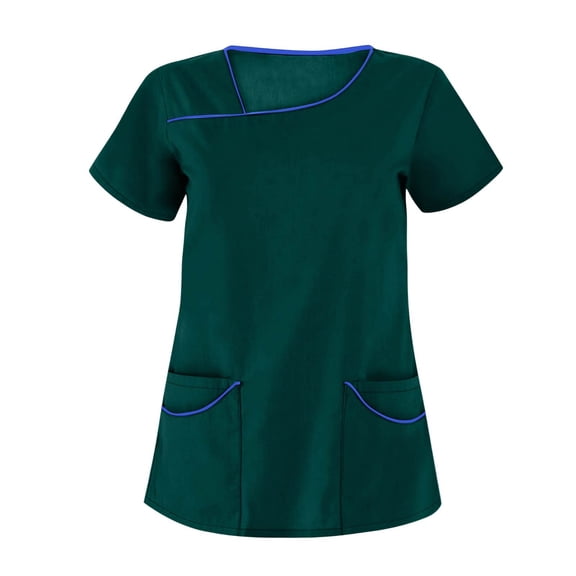 NAMTYQX Plus Size Scrubs for Women Stretch Asymmetric V Neck Light Lounge Stretchy Short Sleeve Dark Green Size XL