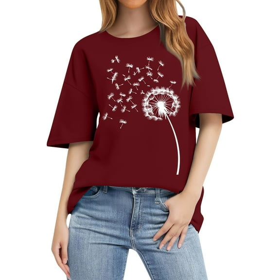 NAMTYQX Plus Size Summer Tops Pattern Looses Cool Oversized Round Neck Lightweight mit Print Short Sleeve Trendy T Shirts for Women Wine Size S