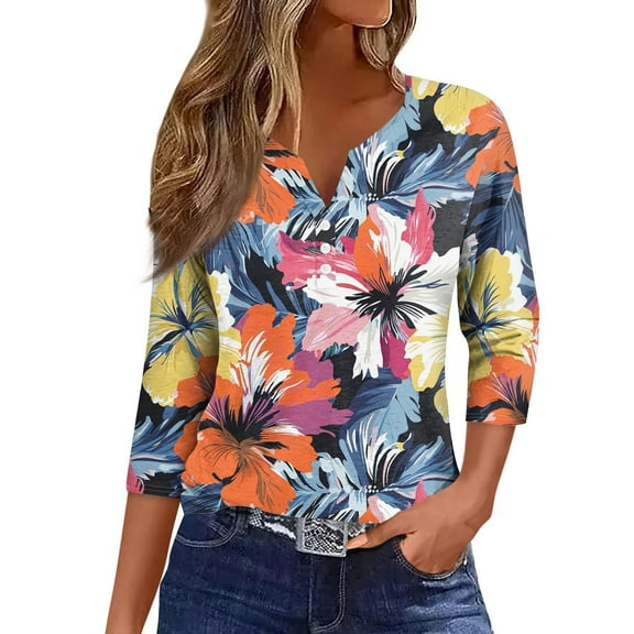 NAMTYQX Plus Size Tops for Women 3/4 Sleeve Comfort Hip Soft Plus Size Lounge Button V Neck Loose Fitting Orange Size 3XL