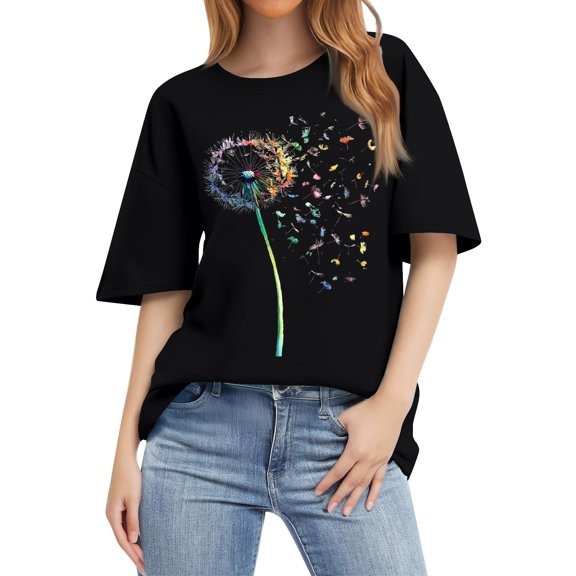 NAMTYQX Plus Size Tops for Women Boxy Fit Crewneck Oversize Print Light Short Sleeve Cool Print Cute Womens Blouses Black Size XL