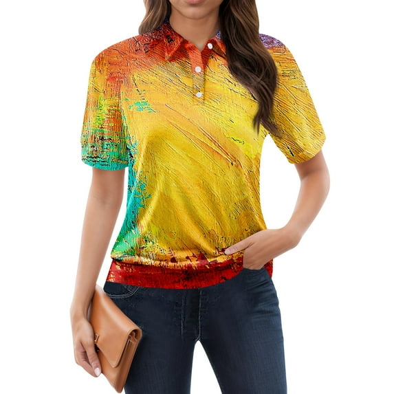 NAMTYQX Plus Size Tops for Women Casual Womens Golf Shirts Lounge Lapel Soft Short Sleeve Orange Size S