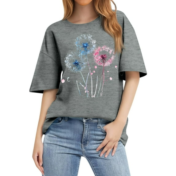NAMTYQX Plus Size Tops for Women Comfy Print Print Crewneck Plus Size Stretchy Short Sleeve Casual Airoft Floral Tops for Women Gray Size 2XL