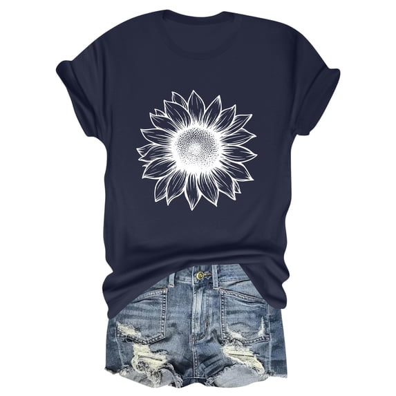 NAMTYQX Plus Size Tops for Women Printed Oversized Loose Fit Lounge Cool Short Sleeve Stretchy Muster Crewneck Womens Spring Tops Navy Size L