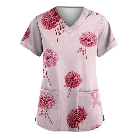 NAMTYQX Printed Scrub Tops Women Trending Stretchy Graphic Tees for Women Pink Size S