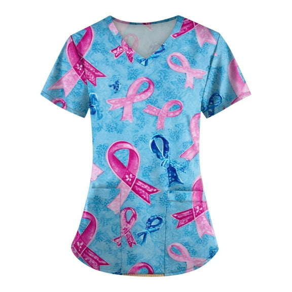 NAMTYQX Printed Scrub Tops Women V Neck Breast Cancer Shirts for Women Blue Size 5XL