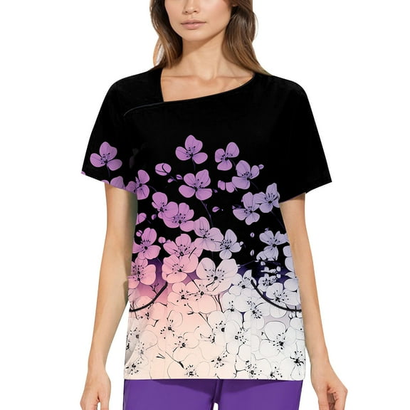 NAMTYQX Scrub Shirts for Women Light Asymmetric V Neck Casual Stretch Loose Fit Short Sleeve Purple Size S