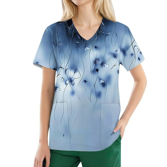 NAMTYQX Scrub Shirts for Women Light Casual Loose Fitting Short Sleeve V Neck Blue Size M