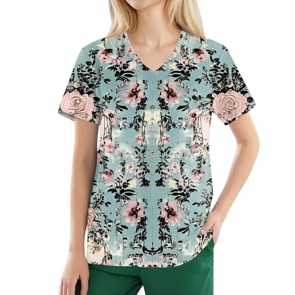 NAMTYQX Scrub Tops Women Light Loose Fitting Vneck Stretch Casual Short Sleeve Cyan Size 2XL
